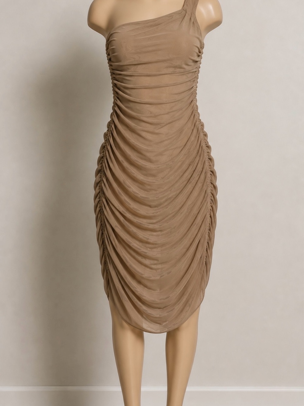 One-Shoulder Ruched Midi Dress in Taupe